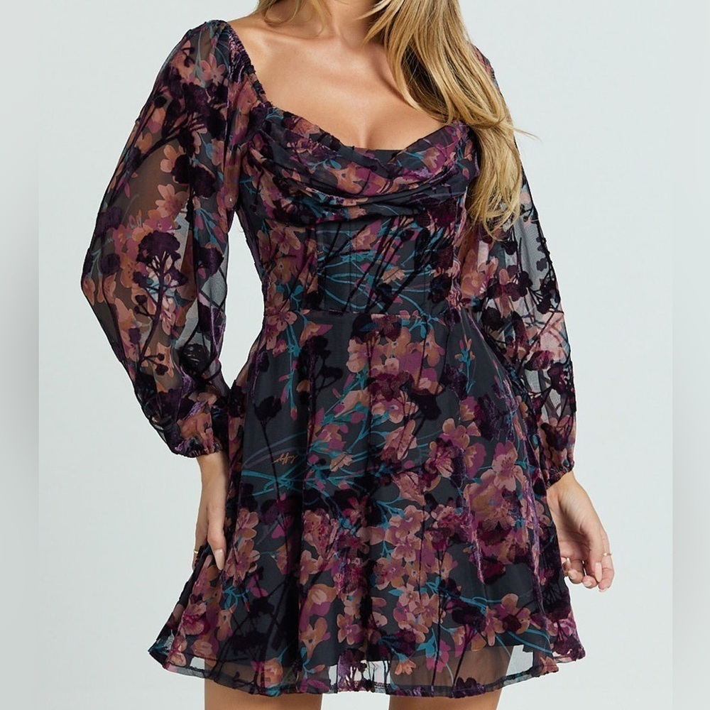 NWT SHOWPO Jessel Mini Dress Long Sleeve Cowl Corset in Burnt Out Floral 4
